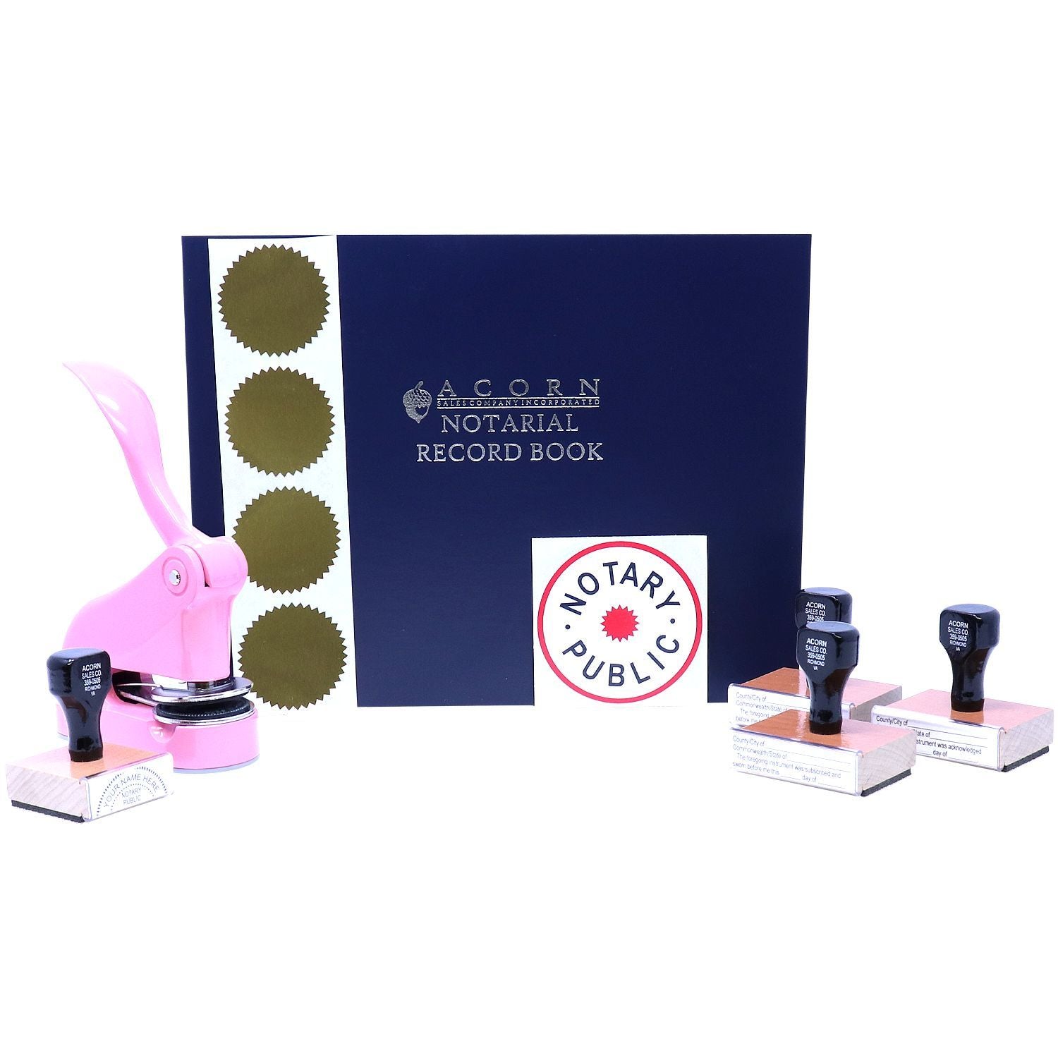 Notary public supplies set with Acorn notarial record book, seal stamps, and pink embosser on a white background.