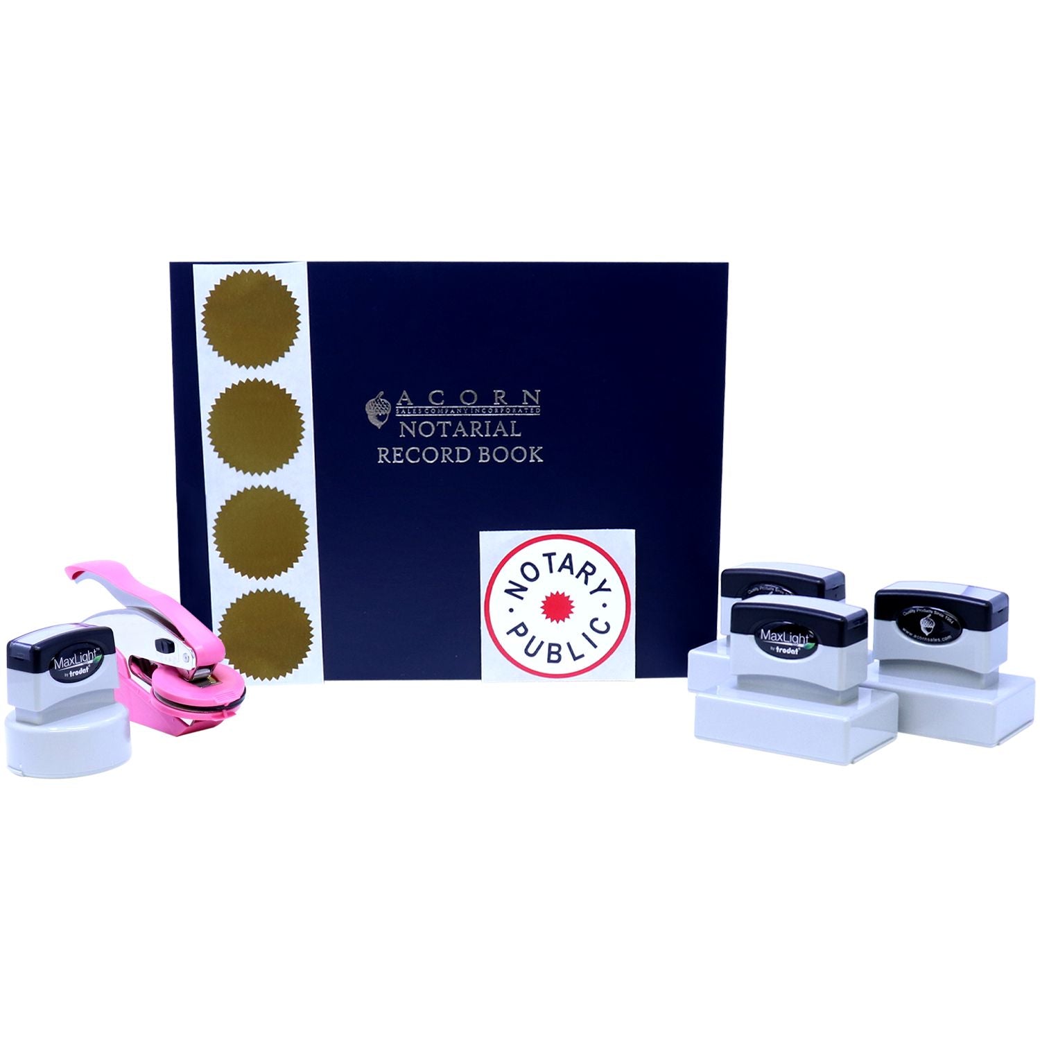 Notary public record book with official seals, self-inking stamps, and hole punch for legal document authentication.