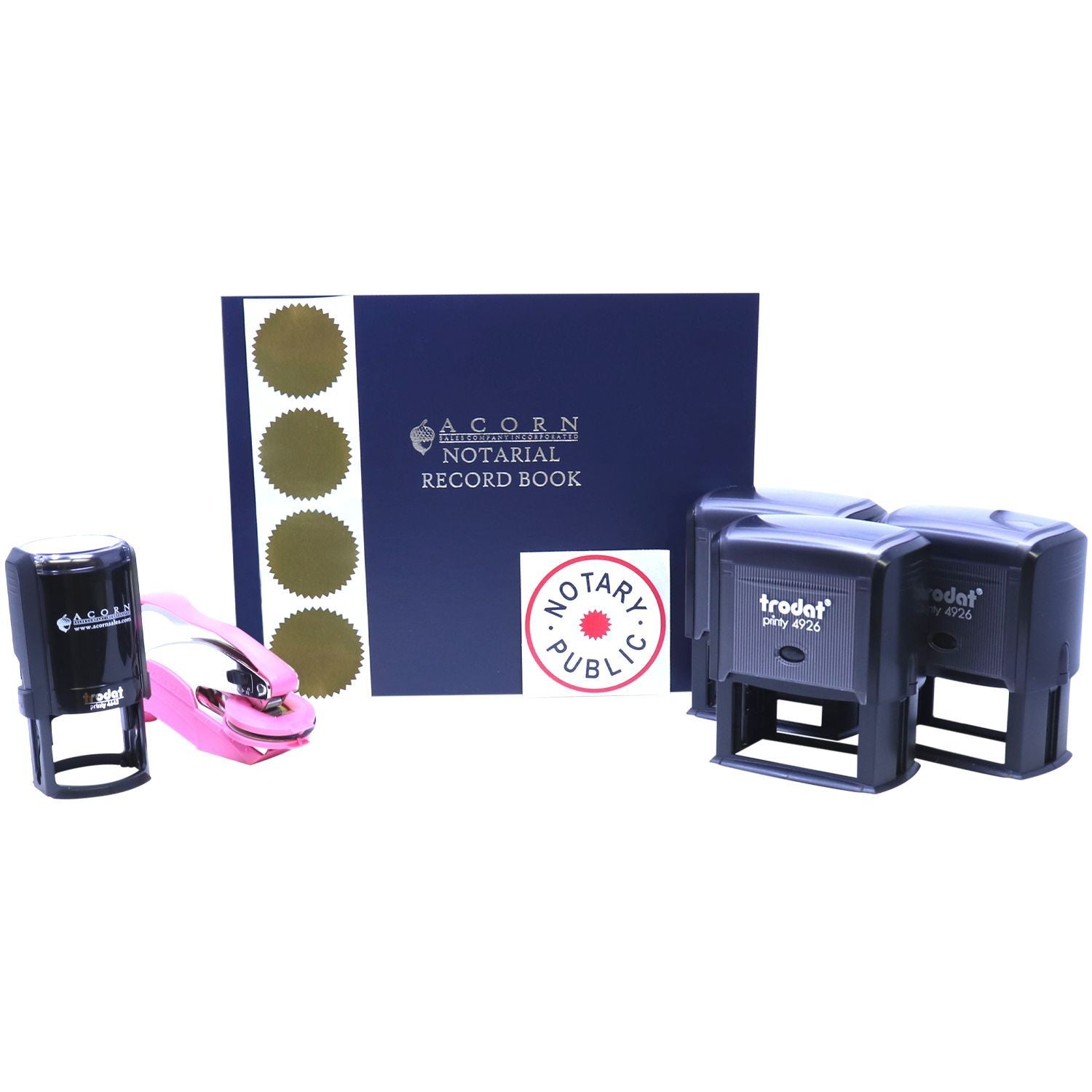 Notary public record book with self-inking stamps and embosser seals for official document authentication.
