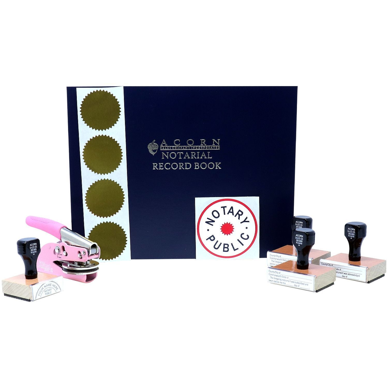 Acorn notarial record book with notary public seal, stamp, and embossers for professional notarization supplies.