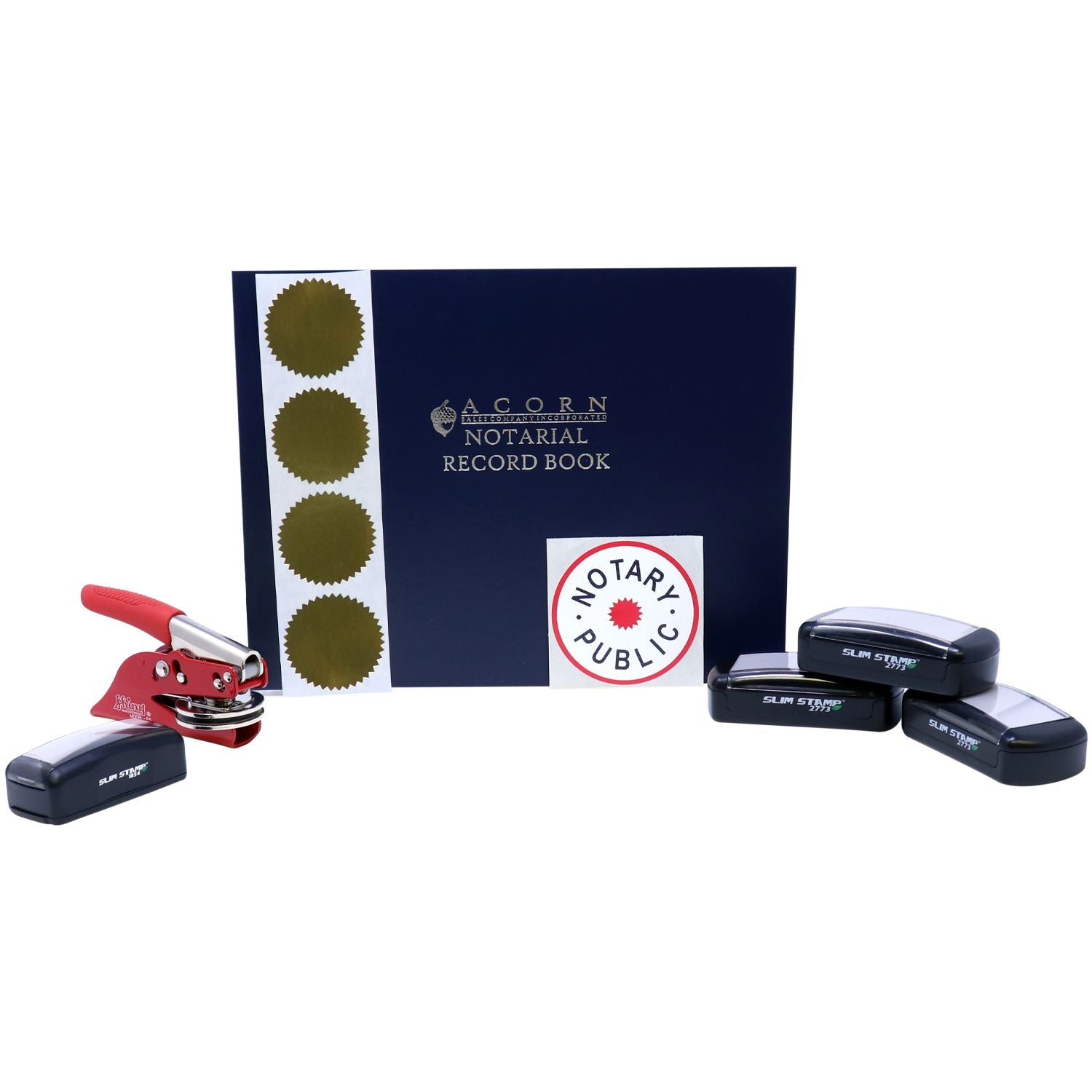 Notary public record book with gold seals, embosser, and self-inking stamps for official document certification.