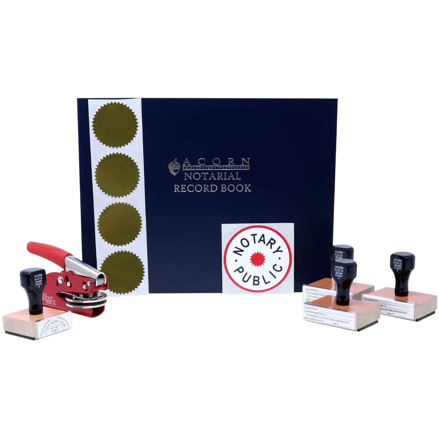 Notary public supplies with notarial record book, official seal stamp, and embosser set on white background.