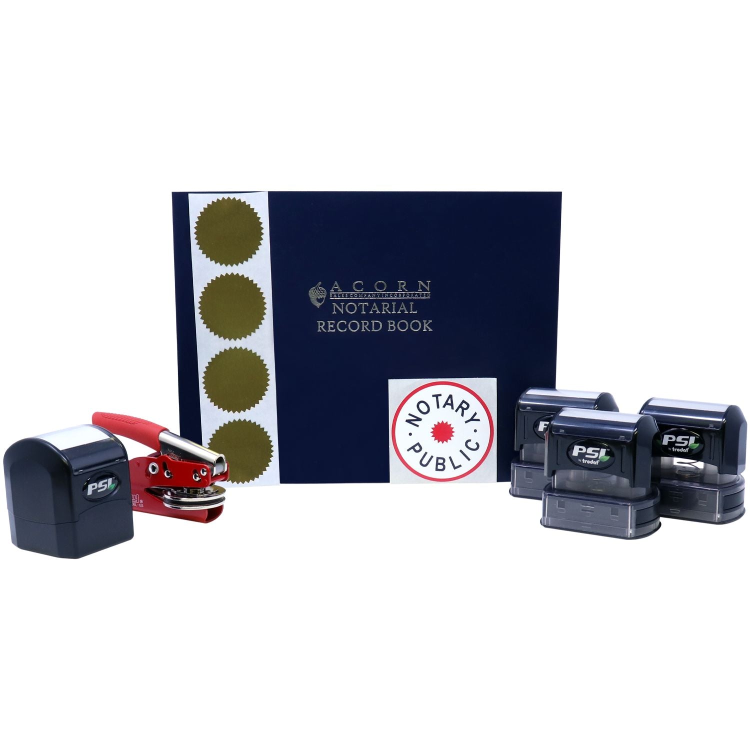 Notary public record book with seal embosser and self-inking stamps, legal office supplies set