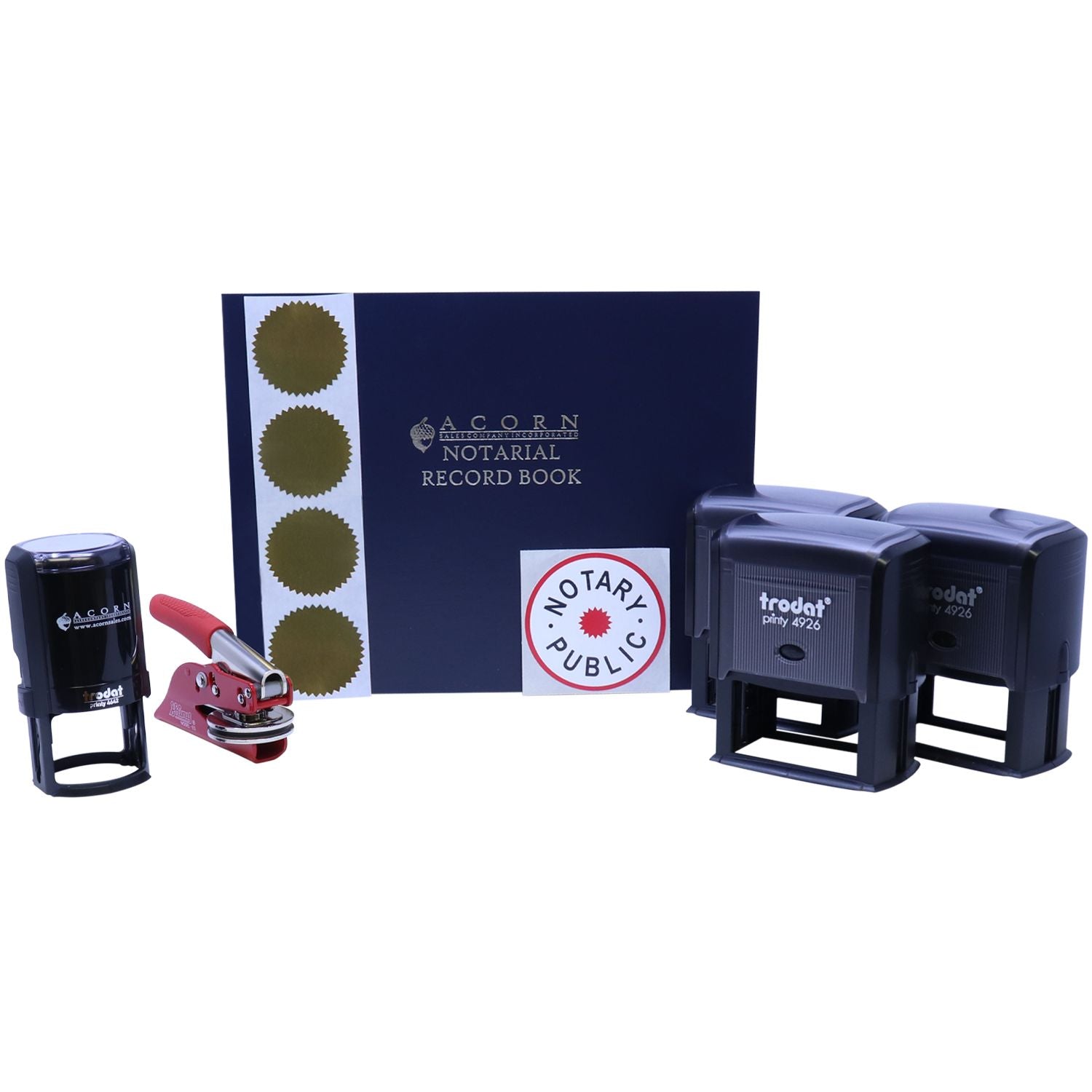 Notary public supplies set with Acorn notarial record book, self-inking stamps, embosser, and official seal on white background