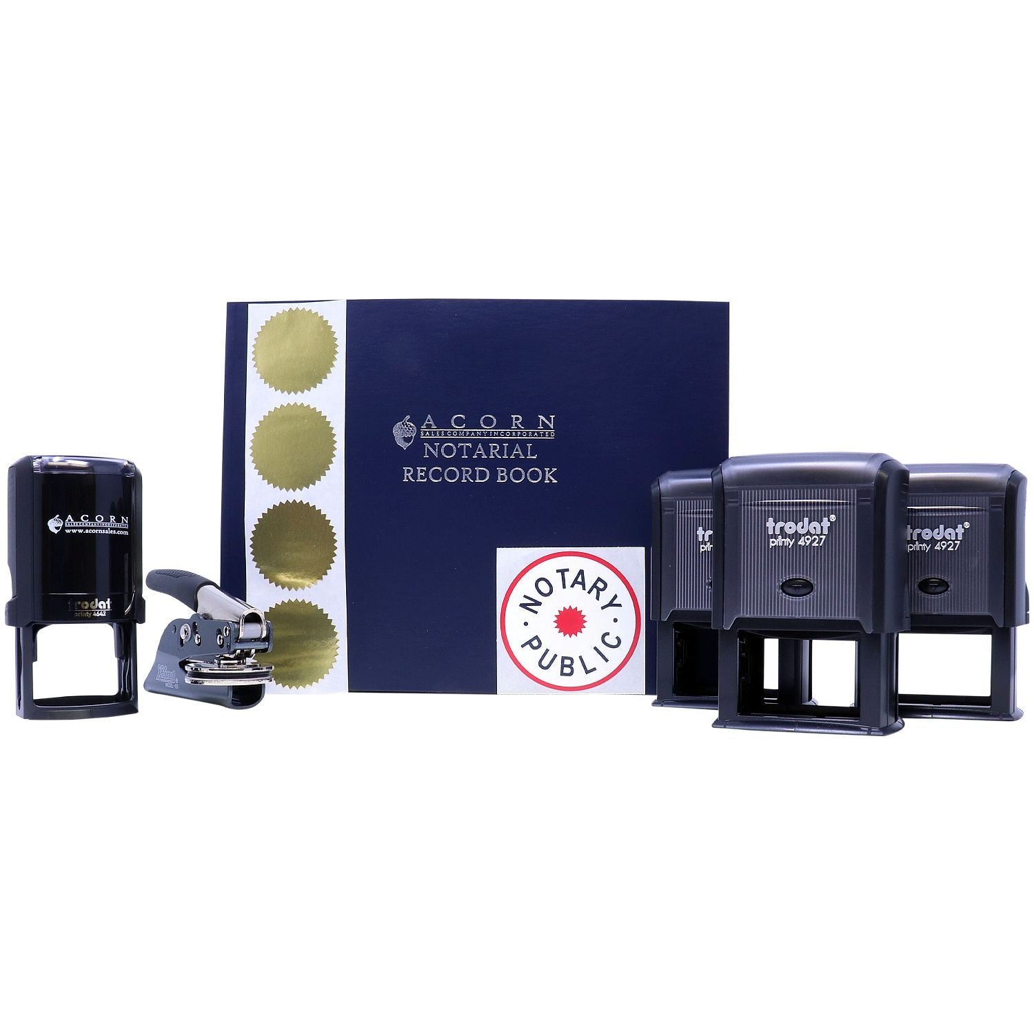 Notary public record book with self-inking stamps and embosser set for official notarization supplies.