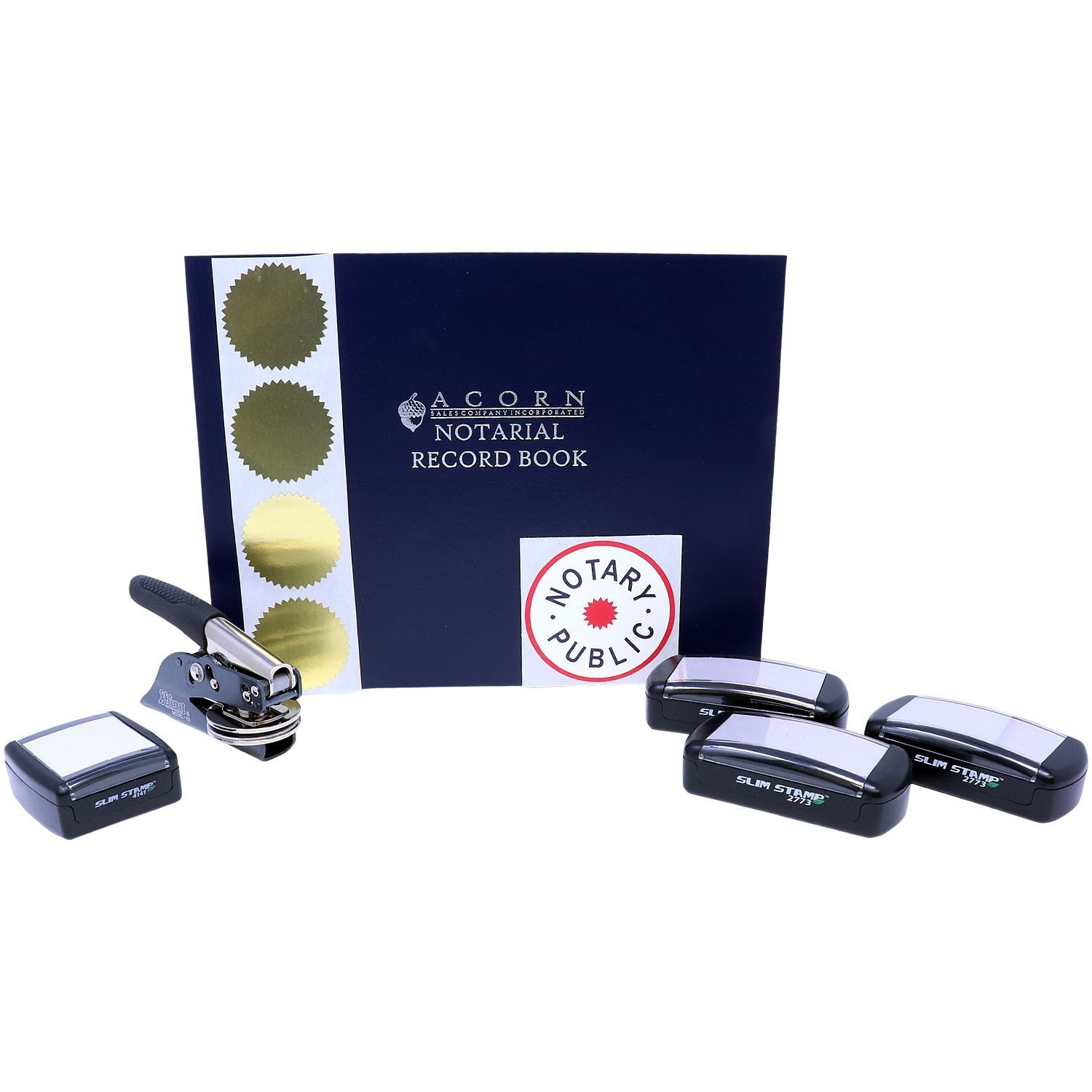 Notarial record book with notary public seal, gold certificate stickers, and slim stamp office supplies on a white background.