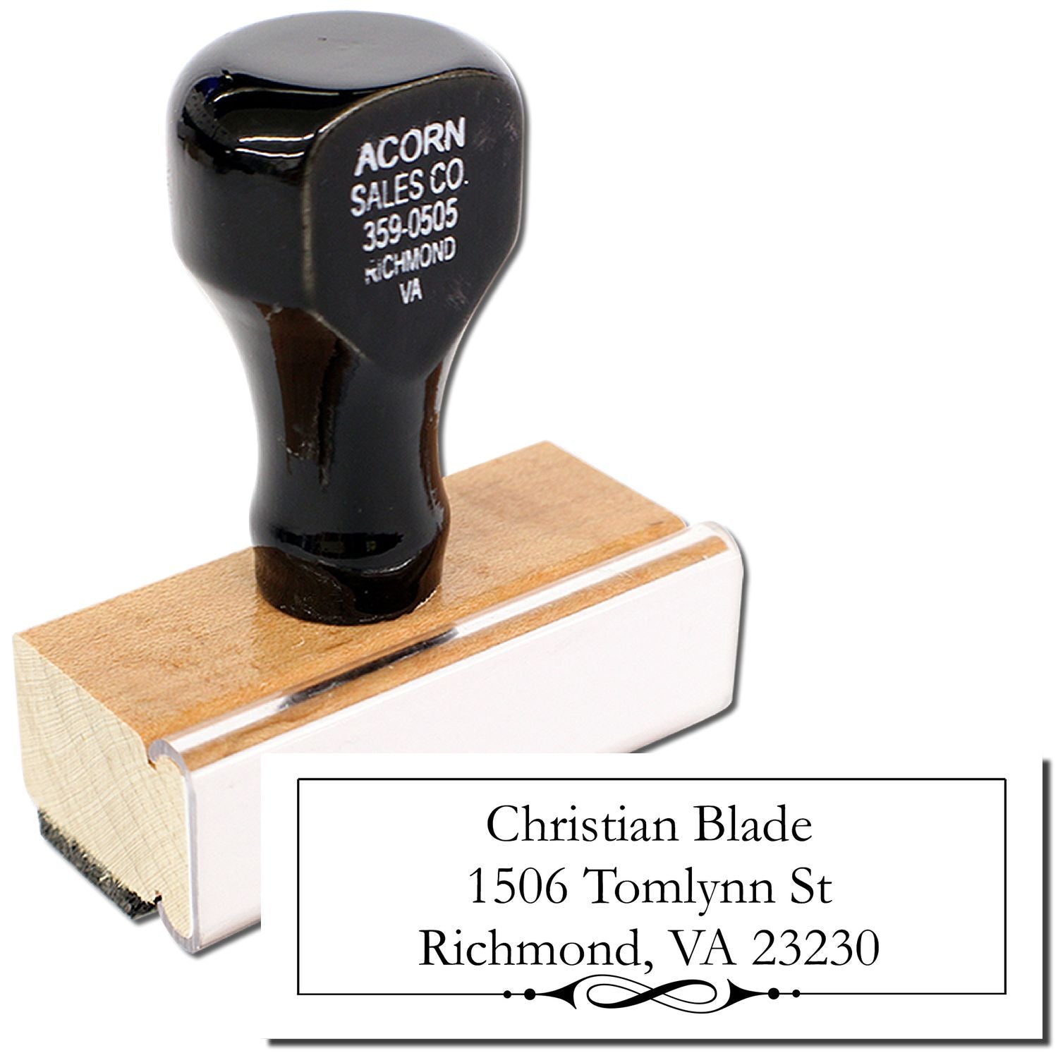 Custom self-inking address rubber stamp with name and Richmond, VA mailing address for business and personal use