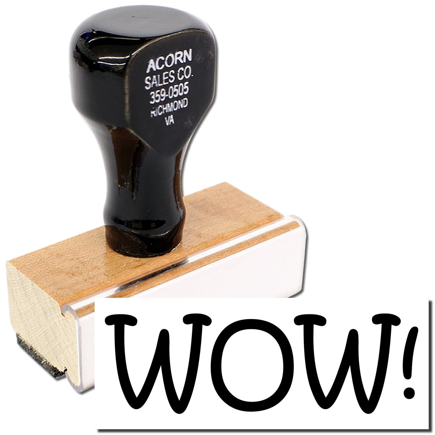 Custom rubber stamp with WOW! impression and Acorn Sales Co. branding