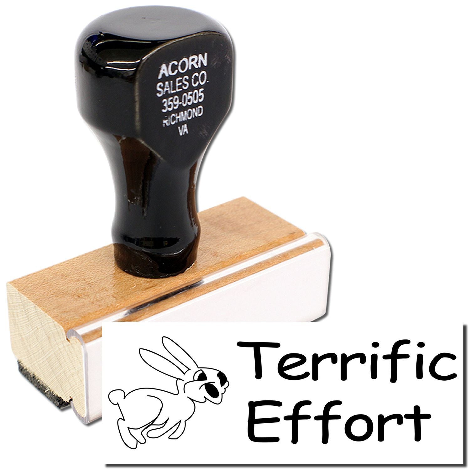 Terrific Effort self-inking teacher stamp with rabbit design and black handle on wooden block.