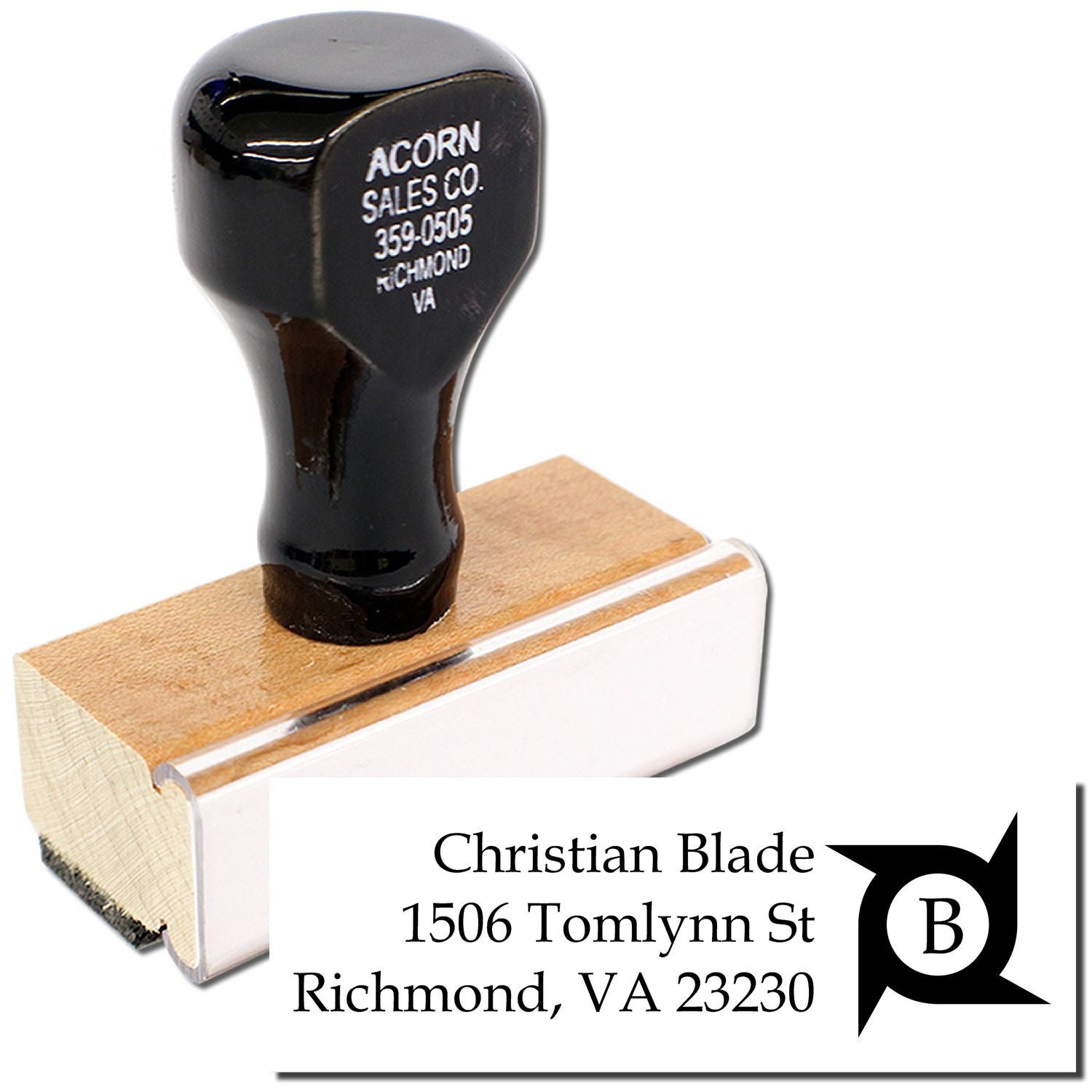 Custom rubber address stamp with Christian Blade logo and Richmond, VA contact details for business mailings.