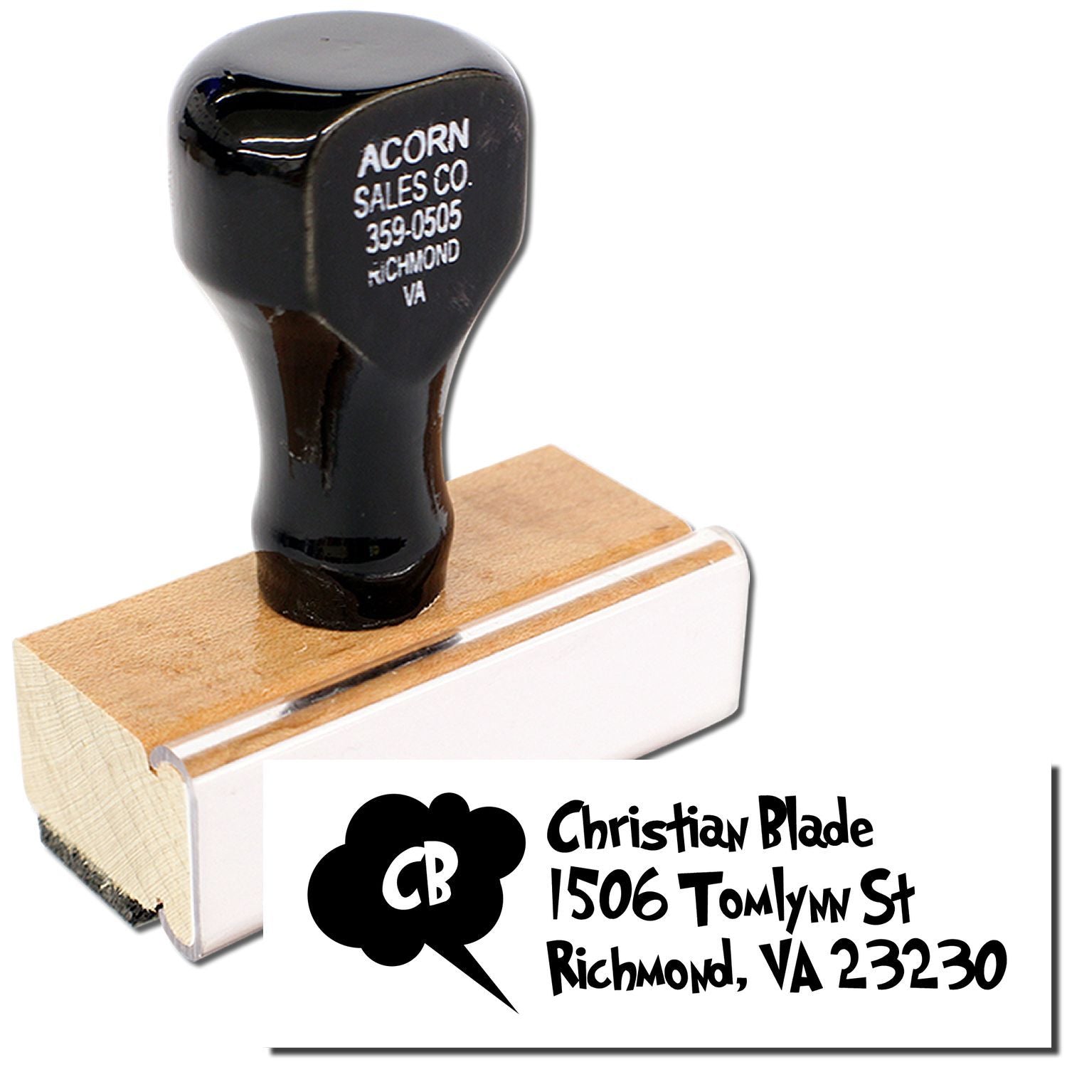 Custom self-inking rubber address stamp with logo for Christian Blade, Richmond, VA 23230