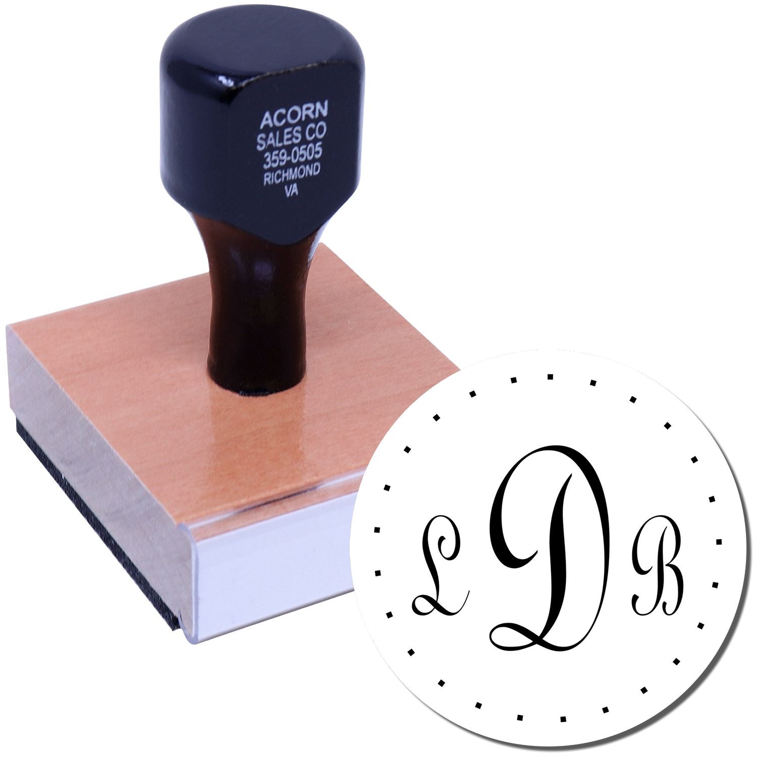 Acorn Sales Co navy handle rubber stamp with decorative monogram design for customized marking and branding