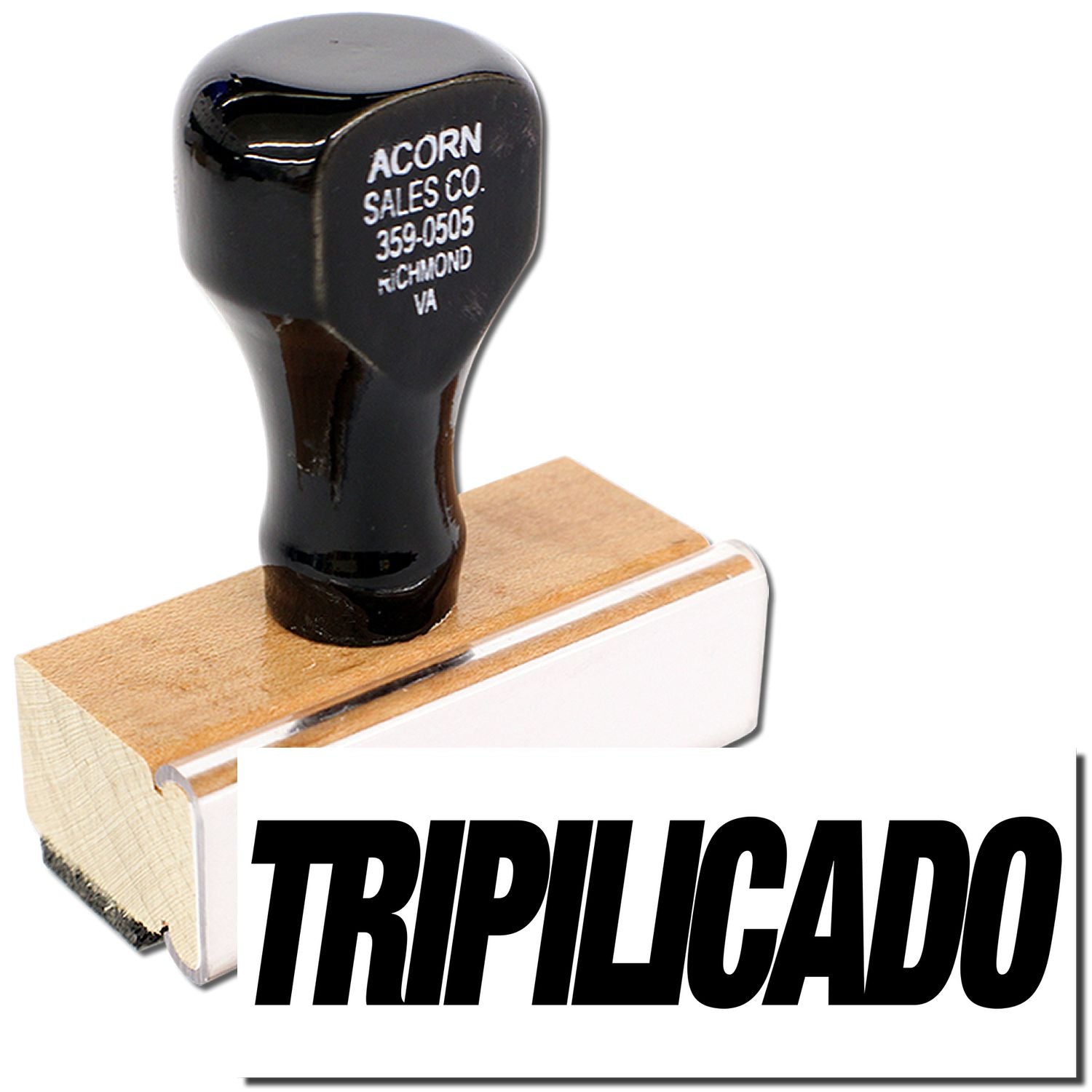 Triplicado rubber stamp with black handle on wooden base, custom business stamp for office use
