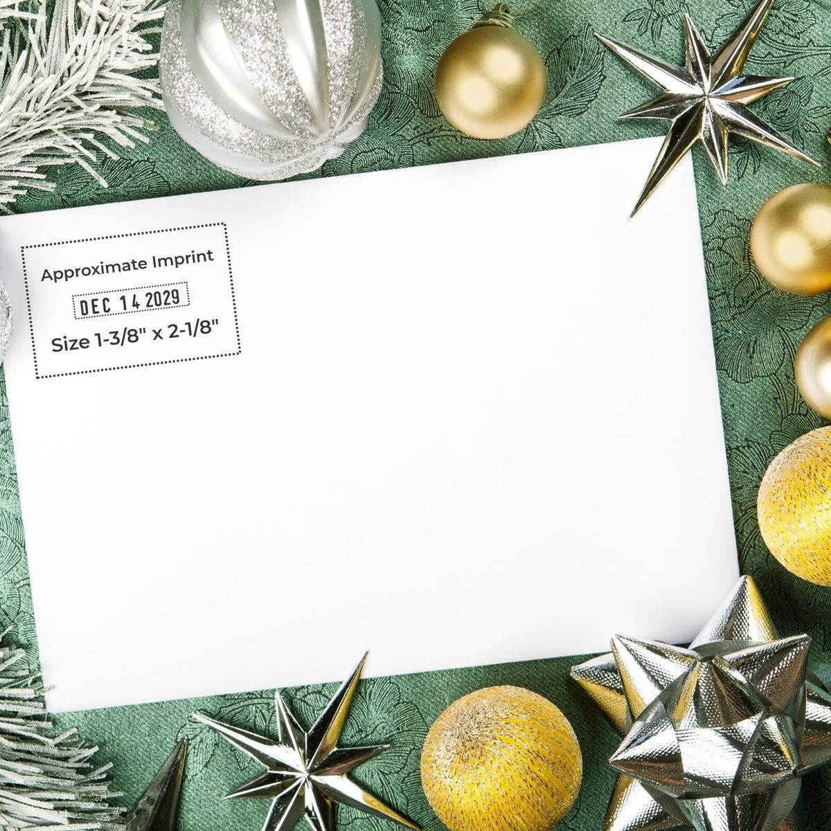 Blank holiday invitation card mockup with Christmas ornaments, gold stars, and green festive background, featuring an approximate imprint date stamp.