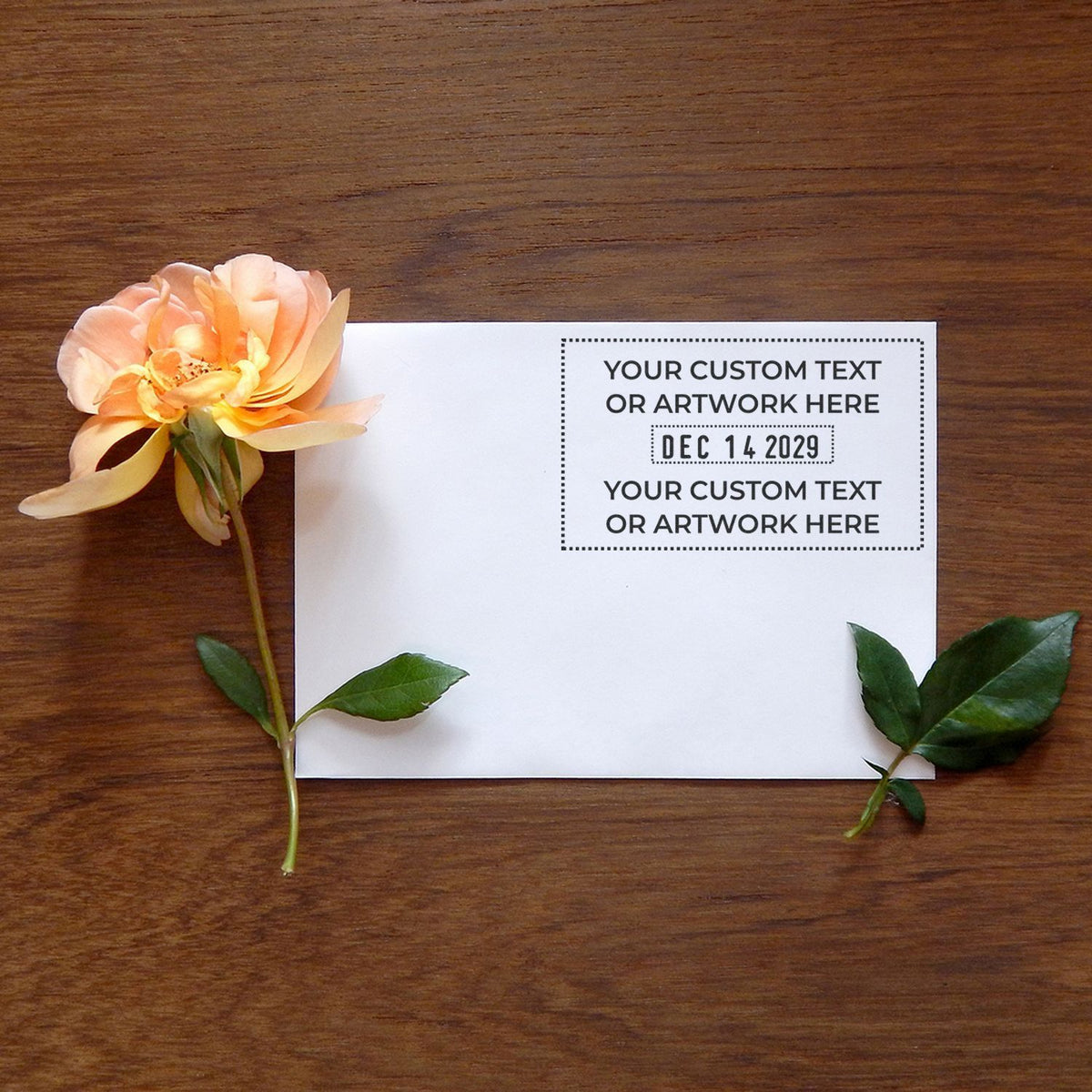 Custom greeting card mockup with peach flower on wooden table and editable text area for wedding or event design.