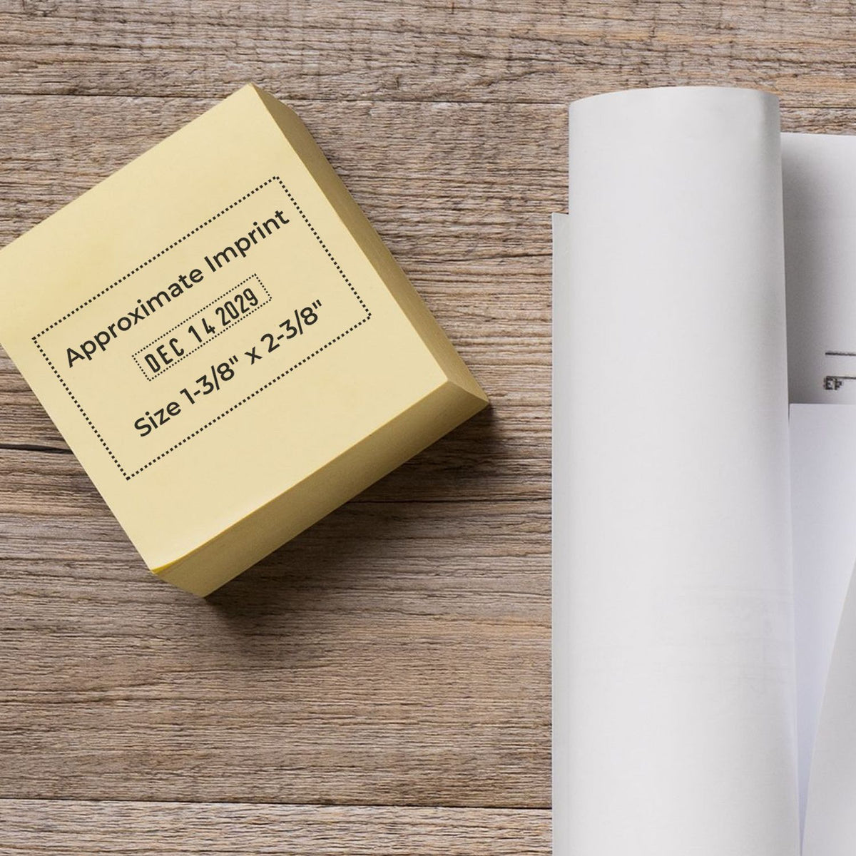 Approximate imprint size note on rolled paper mockup with dimensions 1-3/8 x 2-3/8 inches on a wooden background