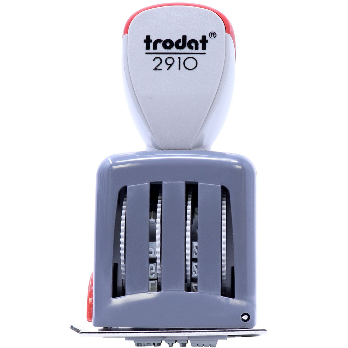 Trodat 2910 self-inking rubber stamp with adjustable date bands, office stamp tool on white background