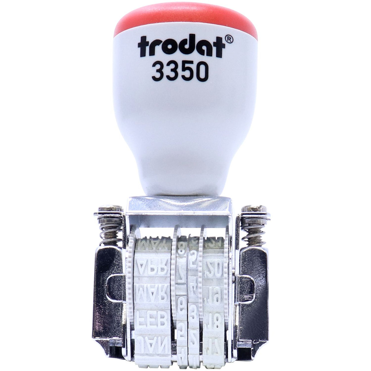 Trodat 3350 self-inking date stamp with adjustable calendar and month bands on a white background