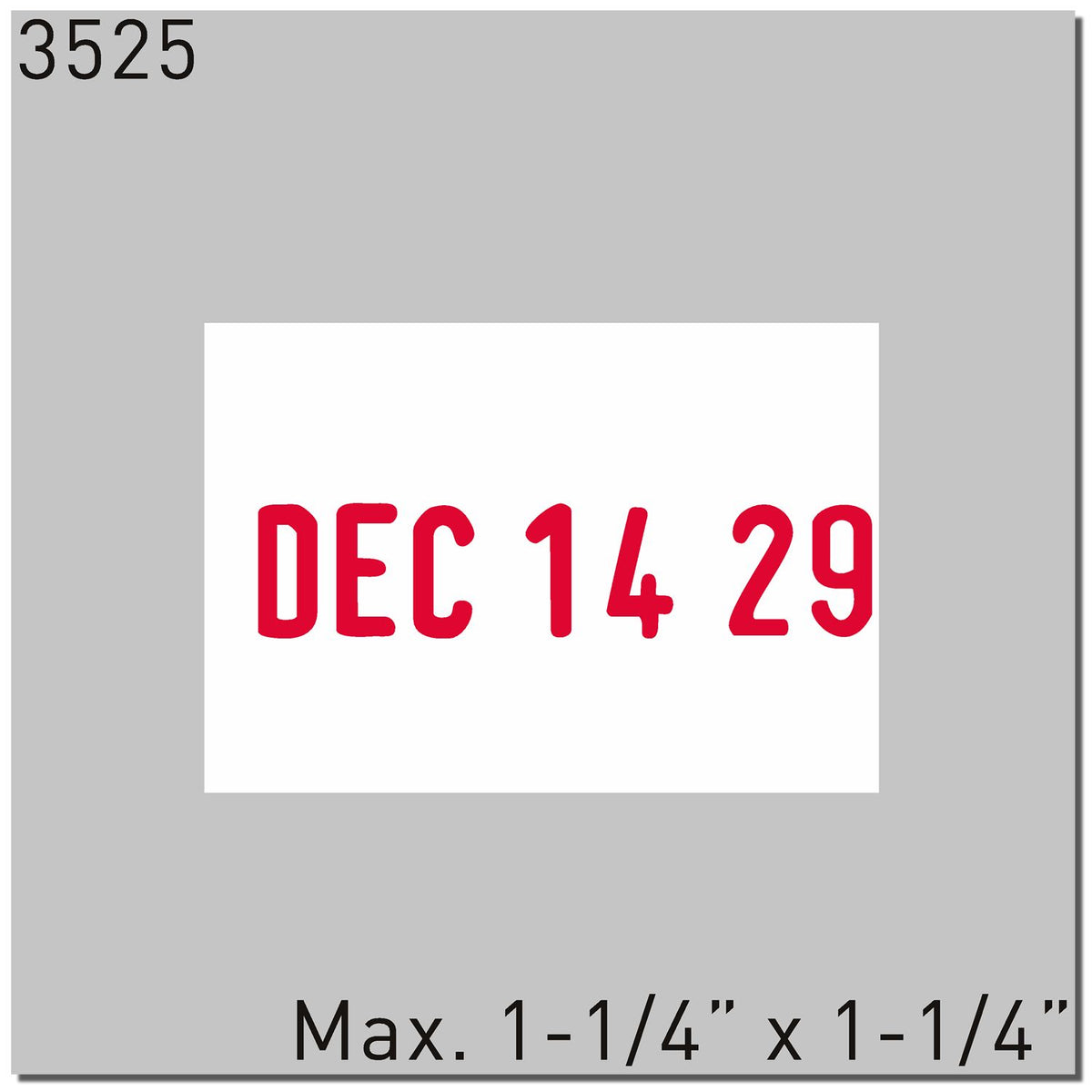 Gray product label with red date stamp DEC 14 29 and size text Max. 1-1/4 x 1-1/4.