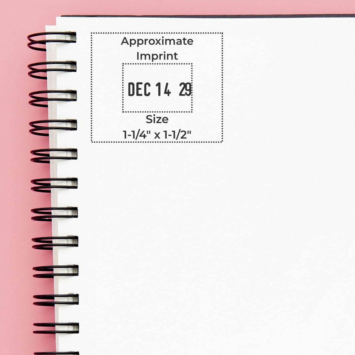 Spiral notebook page with approximate date stamp imprint size guide on pink background.