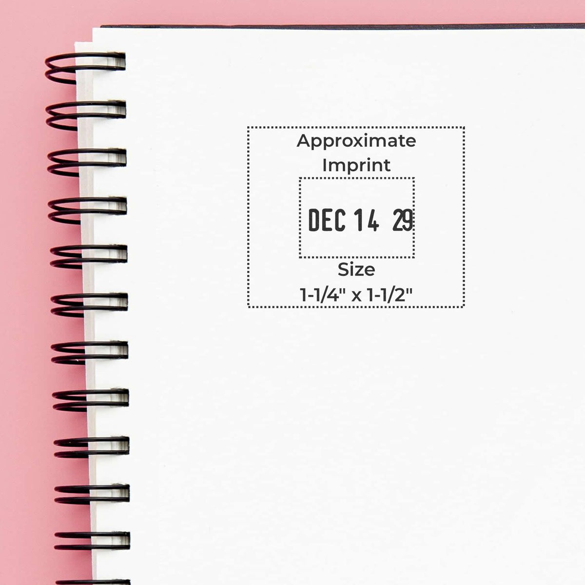 Spiral-bound notebook mockup with approximate imprint date stamp, white page on pink background, size 1-1/4" x 1-1/2".