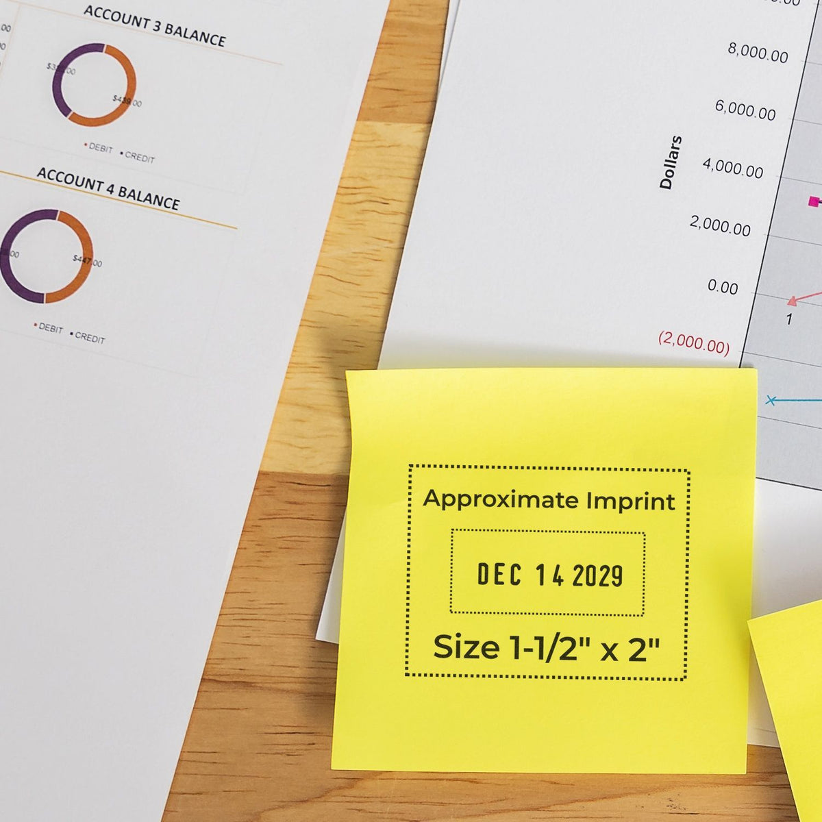 Yellow sticky note with Approximate Imprint Dec 14 2029 on financial account balance charts and reports on a wooden desk.
