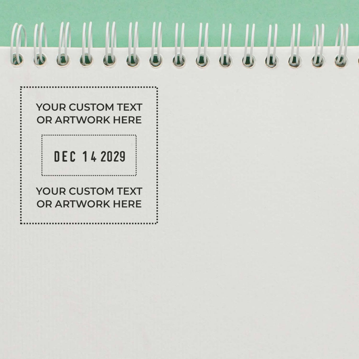 Spiral-bound custom notebook or calendar page with placeholder text and date Dec 14, 2029.