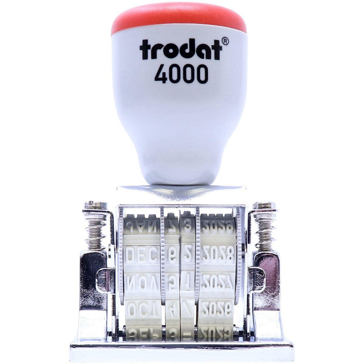 Trodat 4000 self-inking date stamp with adjustable number wheels on white background