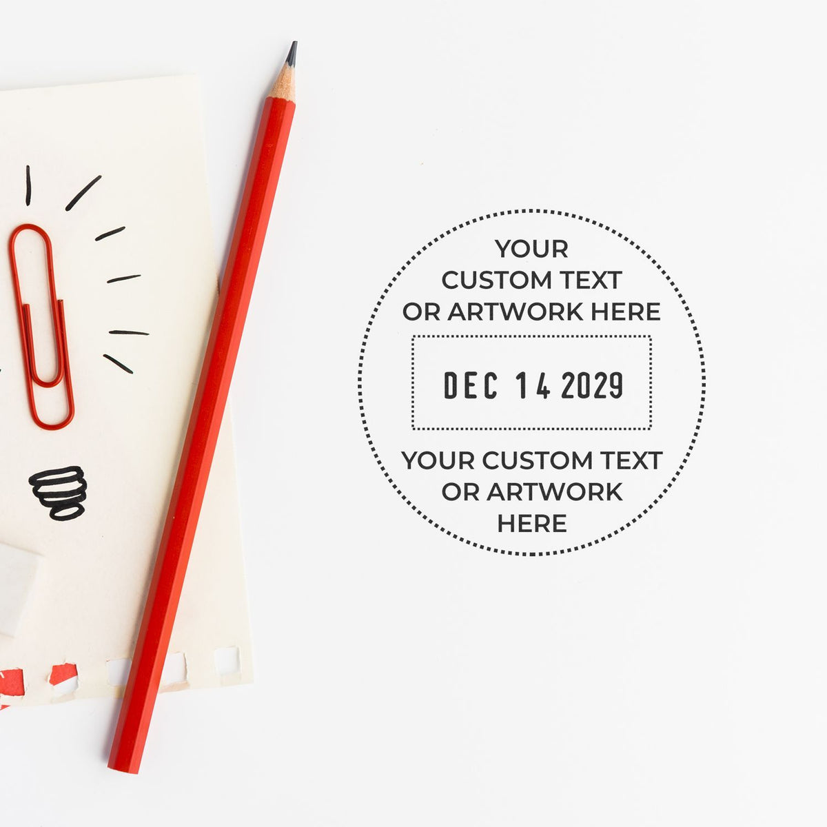Red pencil and paper clip on a minimalist custom text and date template mockup with blank invitation or greeting card design.