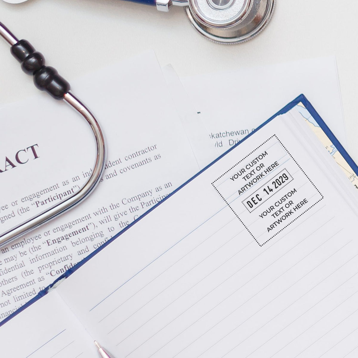 Stethoscope on medical contract paperwork with notepad and date stamp, healthcare business documents background.