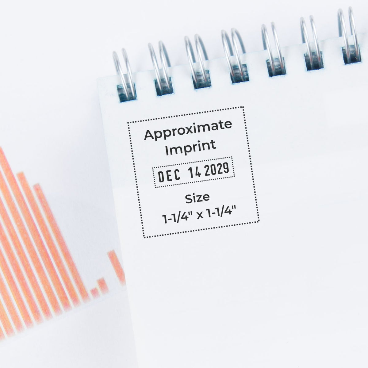 Spiral notebook page showing approximate imprint date Dec. 14, 2029, size 1-1/4 x 1-1/4, with orange chart bars.