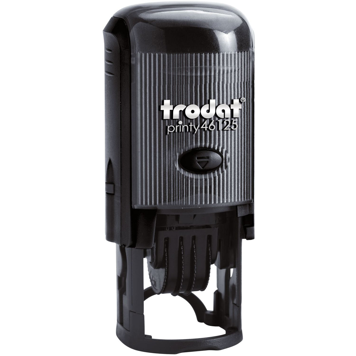 Trodat Printy 46125 self-inking rubber stamp in black plastic casing on white background