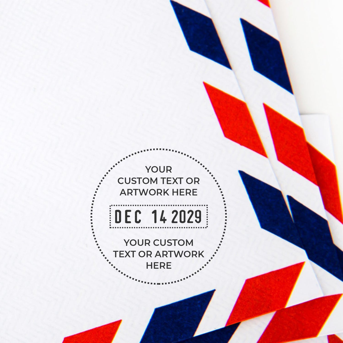 Custom airmail envelope with red and blue border, personalized date stamp, and vintage mail design template.