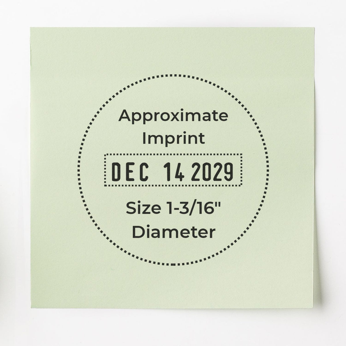 Approximate imprint sample for custom rubber stamp, DEC 14 2029, 1-3/16-inch diameter on pale green card.