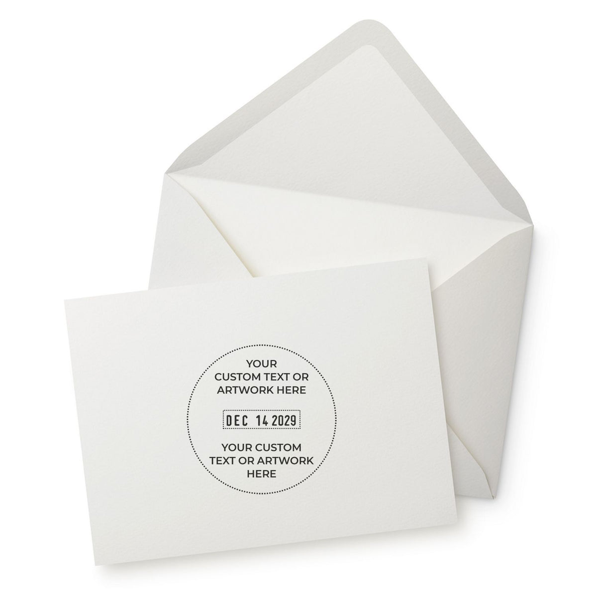 White envelope with custom invitation card mockup and editable text placeholder, elegant minimalist stationery design.