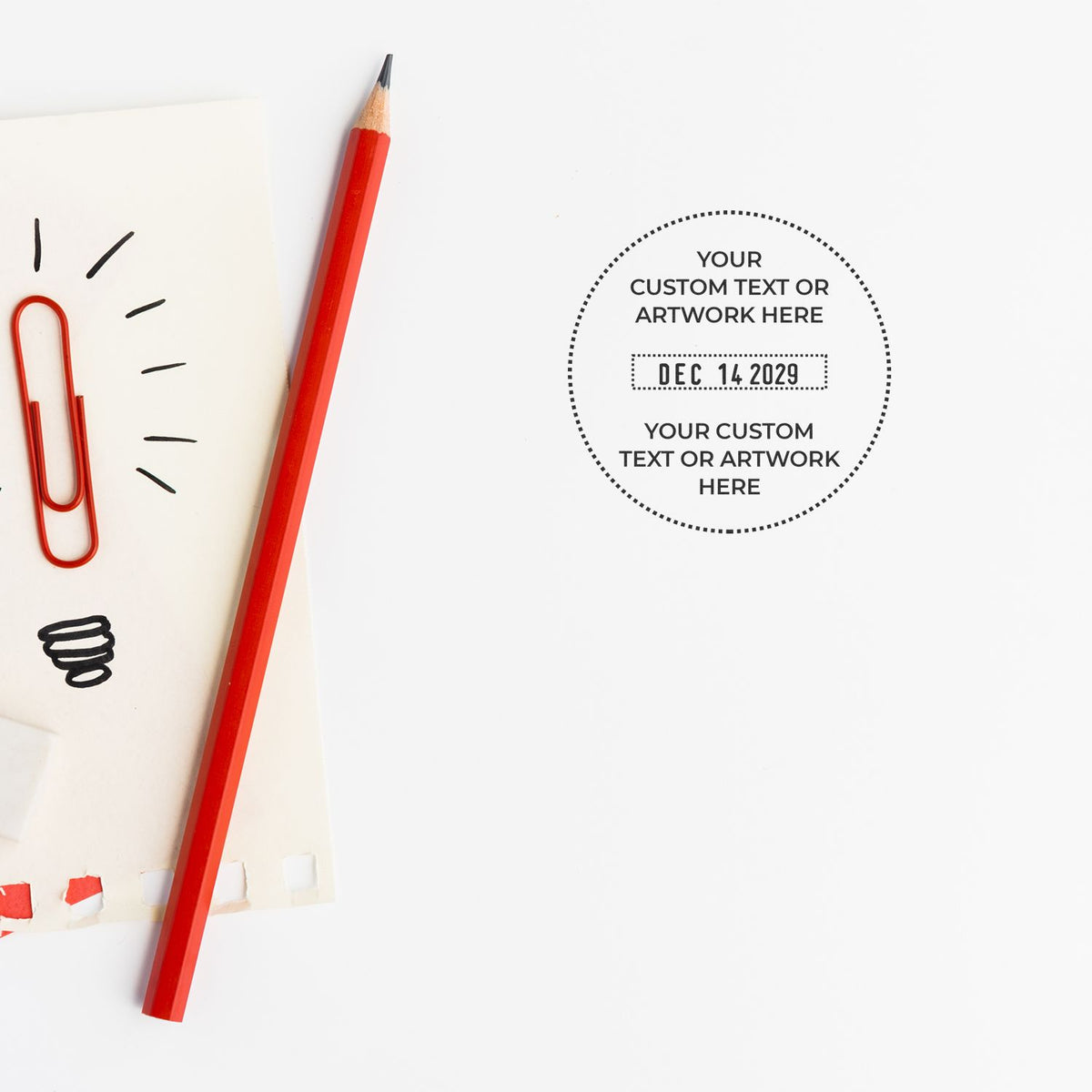 Red pencil beside a notebook with doodles and customizable text, minimalist flat lay stationery mockup with date stamp and paper clip on white background