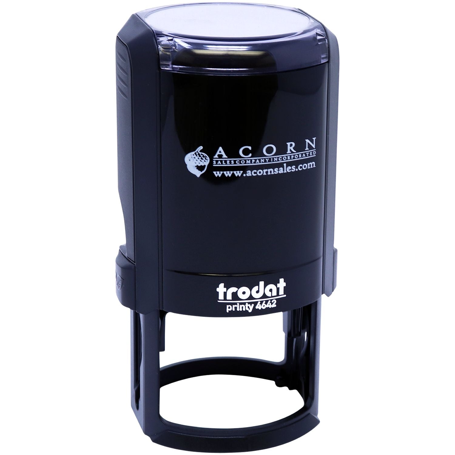 Black Trodat Printy 4642 self-inking stamp with Acorn Sales Company Incorporated logo on white background