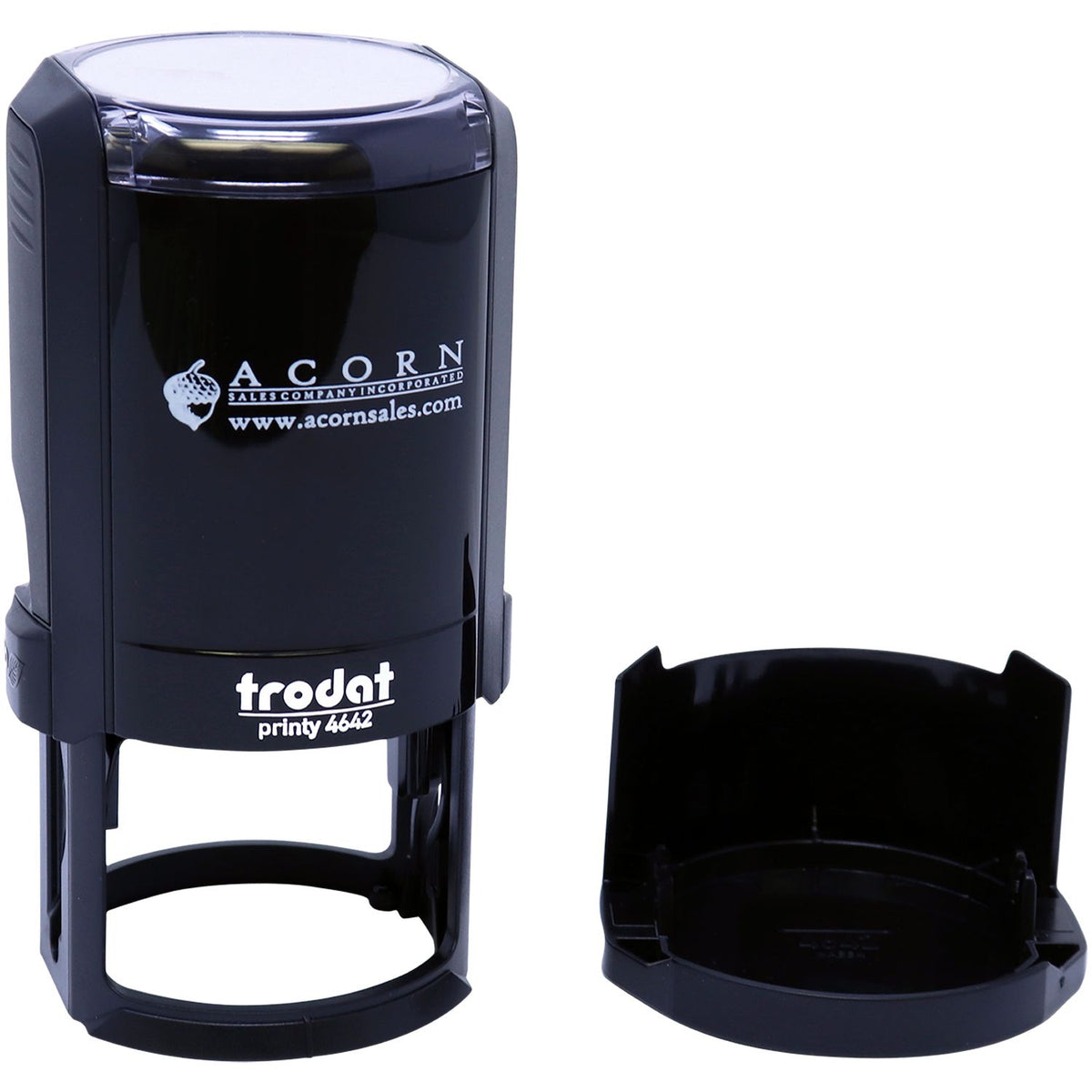 Black Trodat Printy 4642 self-inking rubber stamp with custom Acorn Sales logo and protective cap on white background
