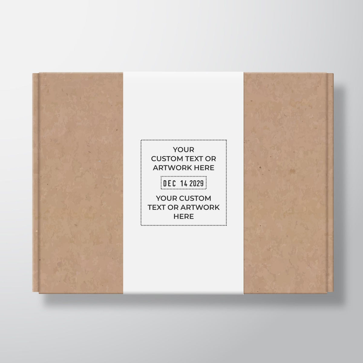 Custom cardboard box with white personalized label mockup and editable text area for branding or gift packaging.