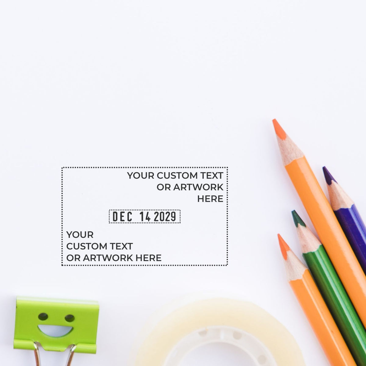 Customizable stationery mockup with colored pencils, blank template, and date stamp on a clean white background