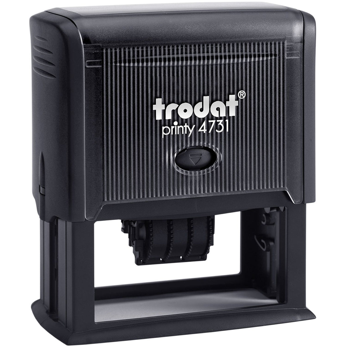 Trodat Printy 4731 self-inking rubber stamp in black plastic case, compact office date and text stamp.
