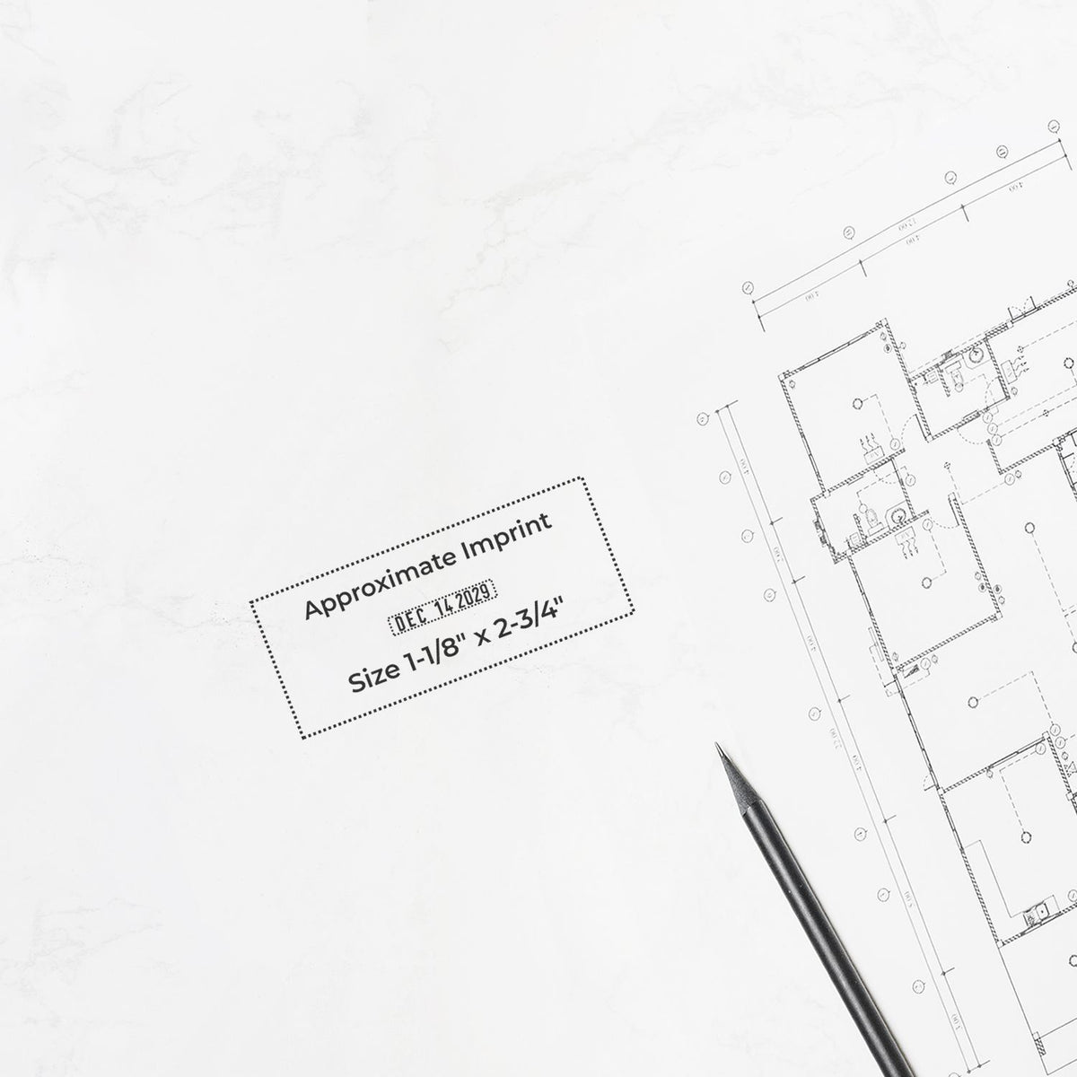 Architectural blueprint floor plan with pencil and approximate imprint size stamp on white background