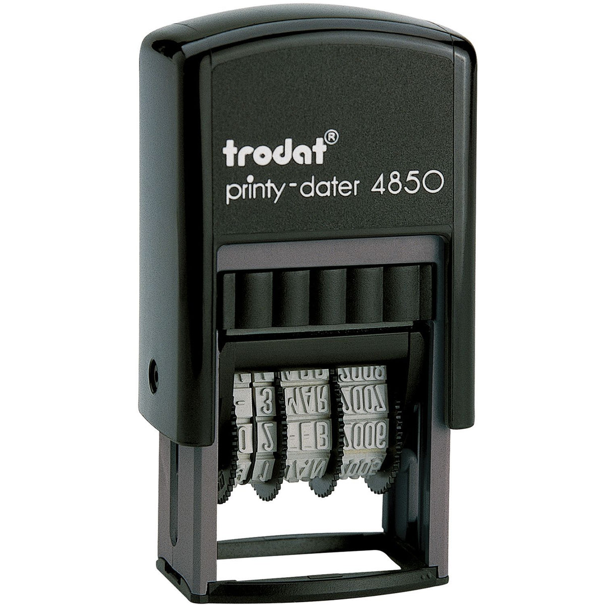 Trodat Printy-Dater 4850 self-inking date stamp with adjustable numbering wheels and black plastic ??????.