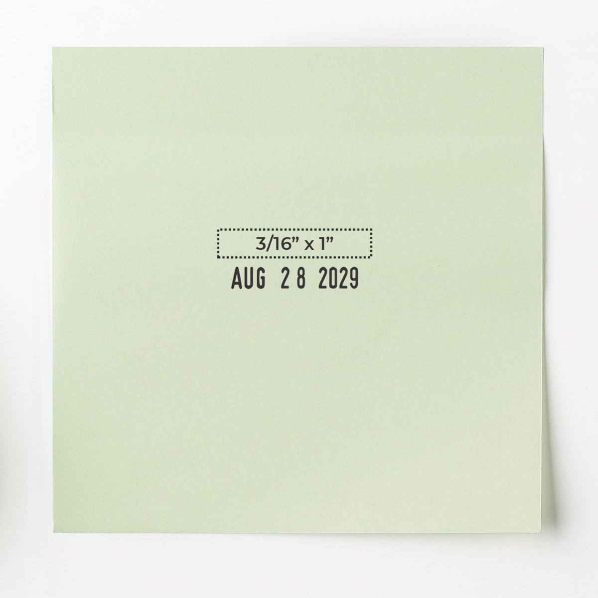 Pale green paper sample with printed size 3/16" x 1" and date Aug 28 2029 text.
