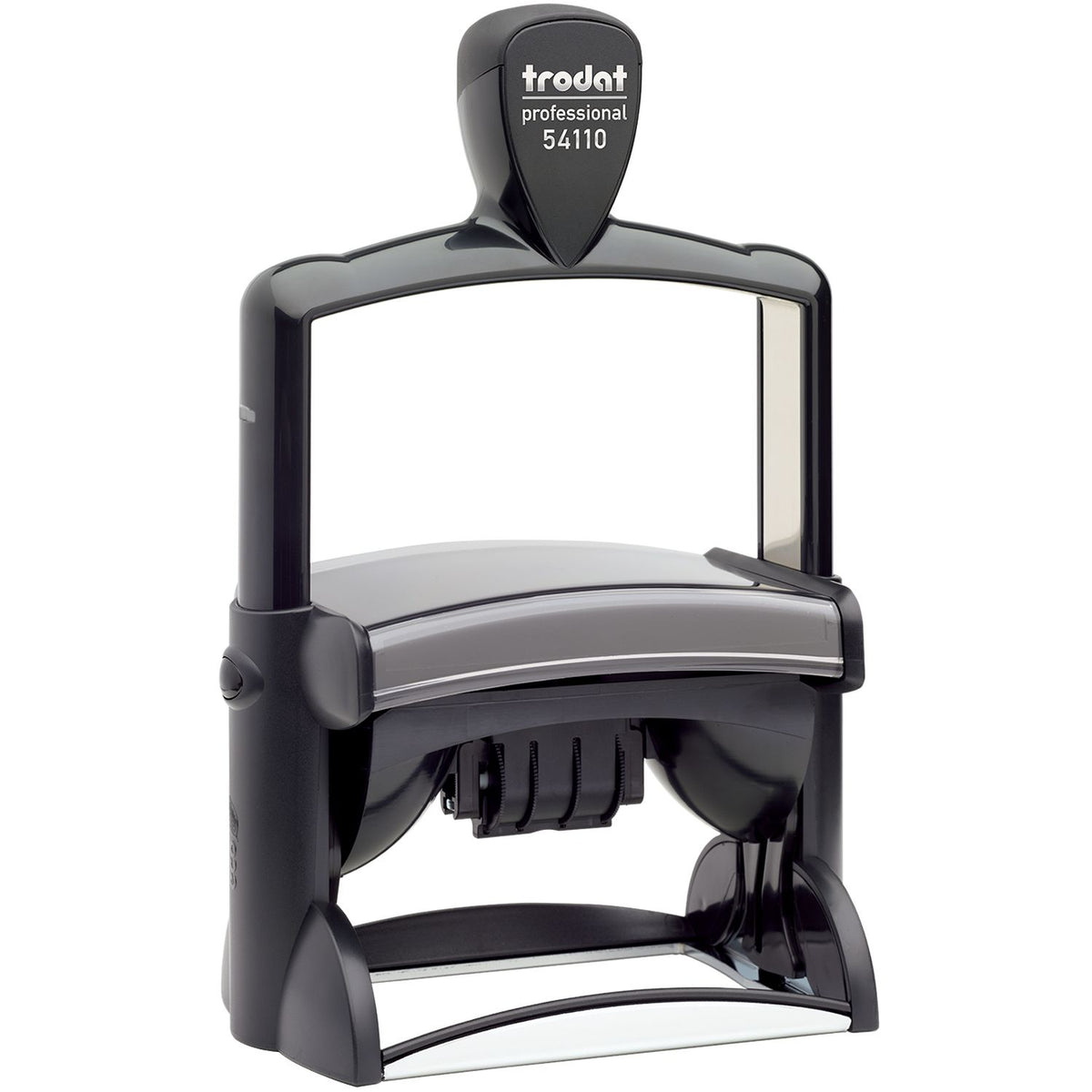 Trodat Professional 54110 self-inking stamp with black frame and date roller stamp design