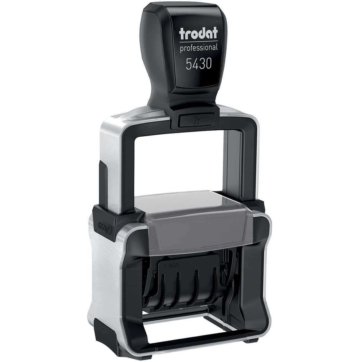 Trodat Professional 5430 self-inking rubber stamp with durable metal frame, black and silver office stamp tool