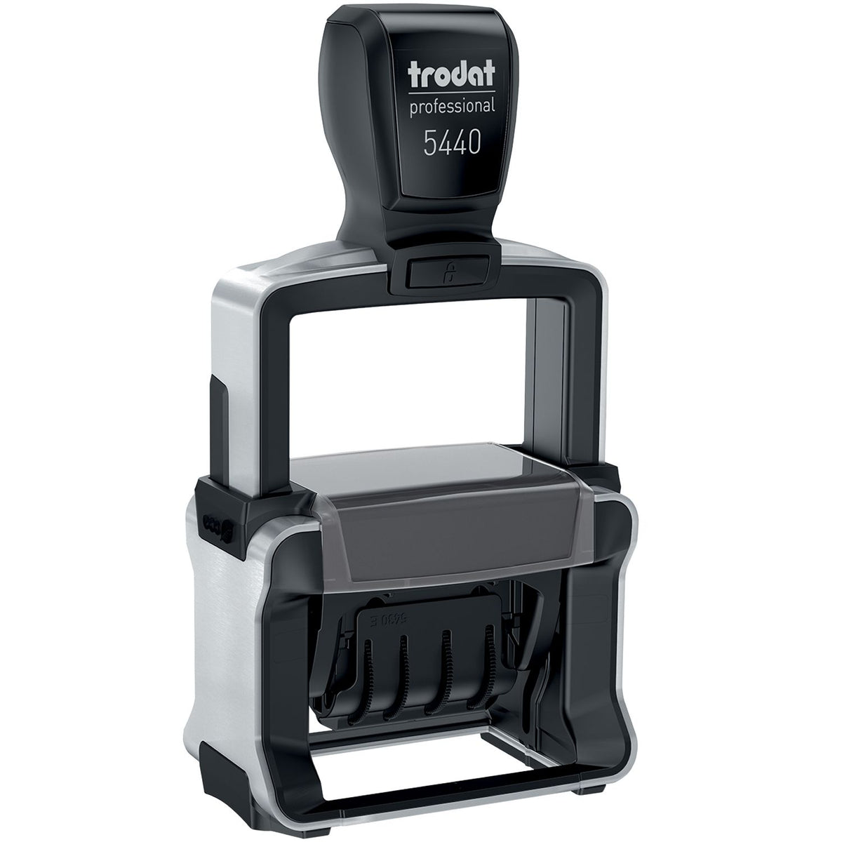 Trodat Professional 5440 self-inking rubber stamp with durable metal frame and adjustable date band, ideal office stamp for professional use