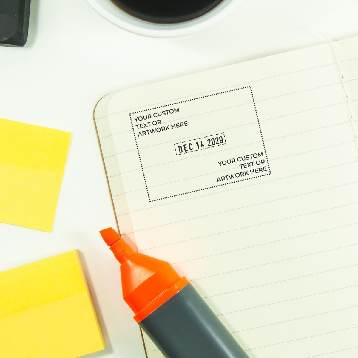 Minimal desk workspace with notebook, sticky notes, and orange highlighter for custom text or artwork mockup.