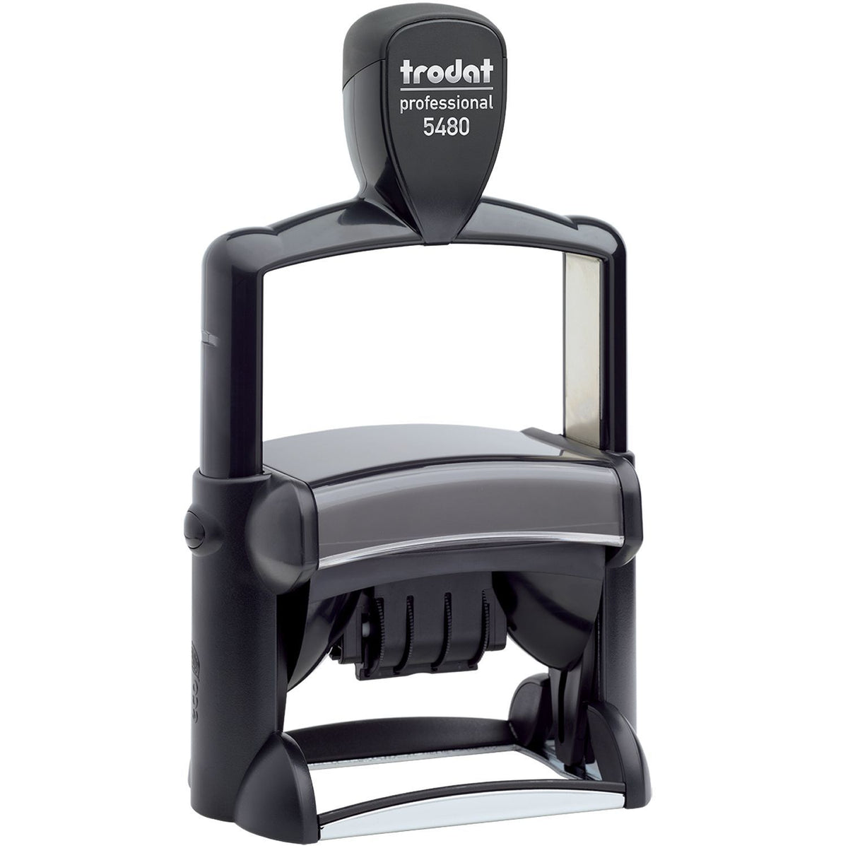 Trodat Professional 5480 self-inking date stamp in black, heavy-duty office rubber stamp on white background.