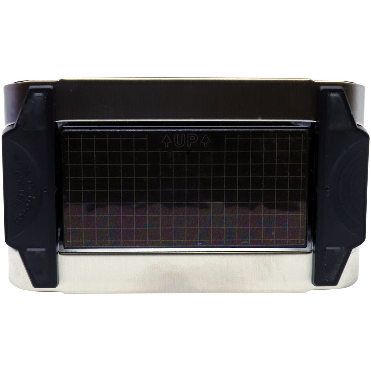 Front view of a stainless steel toaster with black side handles and a dark glass control panel